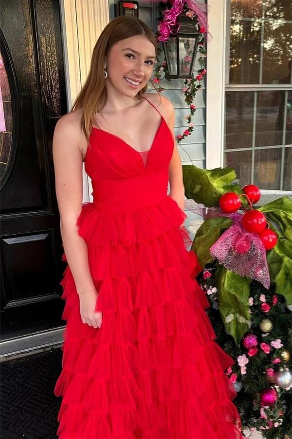 Spaghetti Straps Tulle A-Line Tiered Party Prom Dress