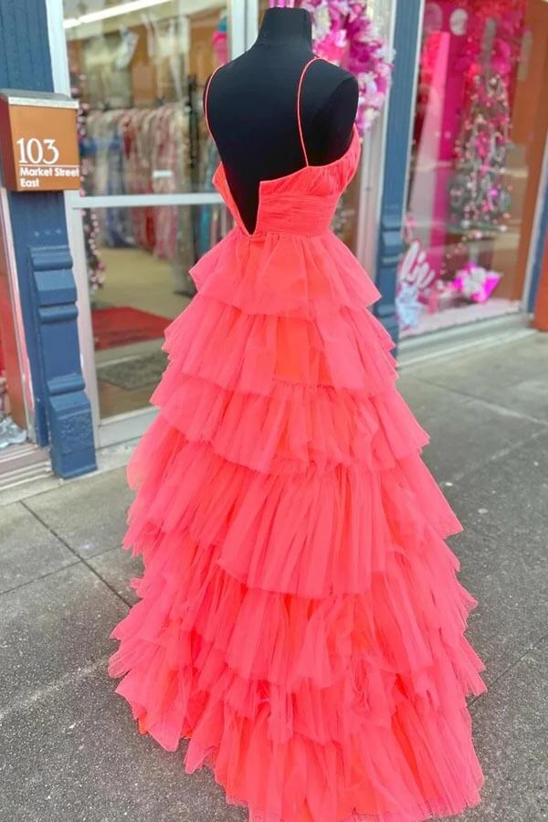 Spaghetti Straps Tulle A-Line Tiered Party Prom Dress