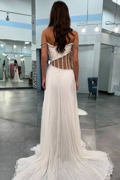 Spaghetti Straps V-Neck A-Line Beaded Sheer With High Slit Prom Dress