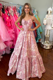 Spaghetti Straps V-Neck A-Line Floral Satin Empire Party Prom Dress