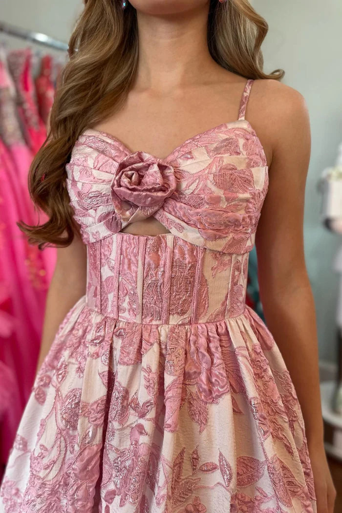 Spaghetti Straps V-Neck A-Line Floral Satin Empire Party Prom Dress