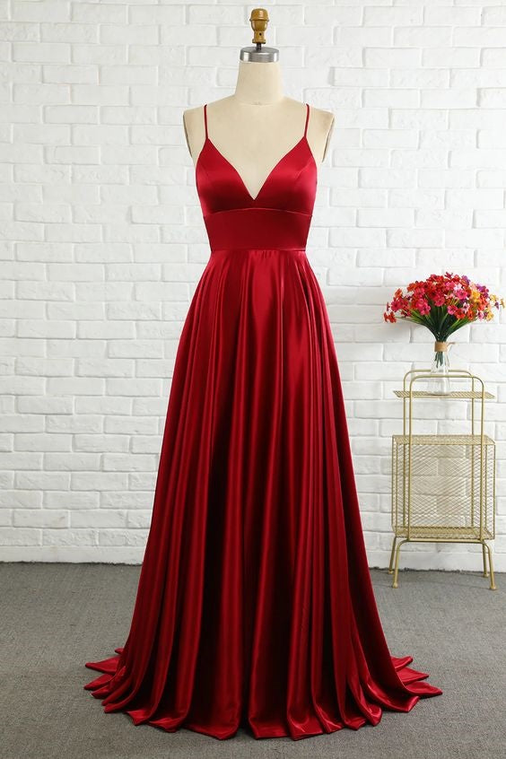 Spaghetti Straps V-Neck A-Line Long Bridesmaid Dress