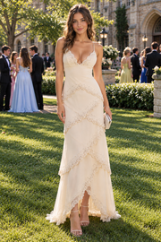 Spaghetti Straps V-Neck Beaded Satin Tiered A-Line Party Prom Dress