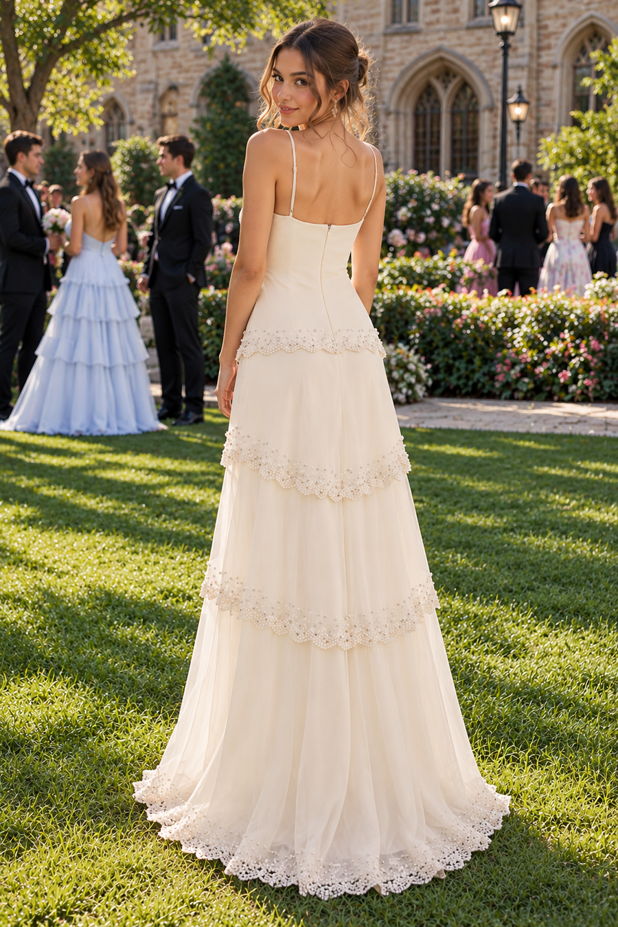 Spaghetti Straps V-Neck Beaded Satin Tiered A-Line Party Prom Dress