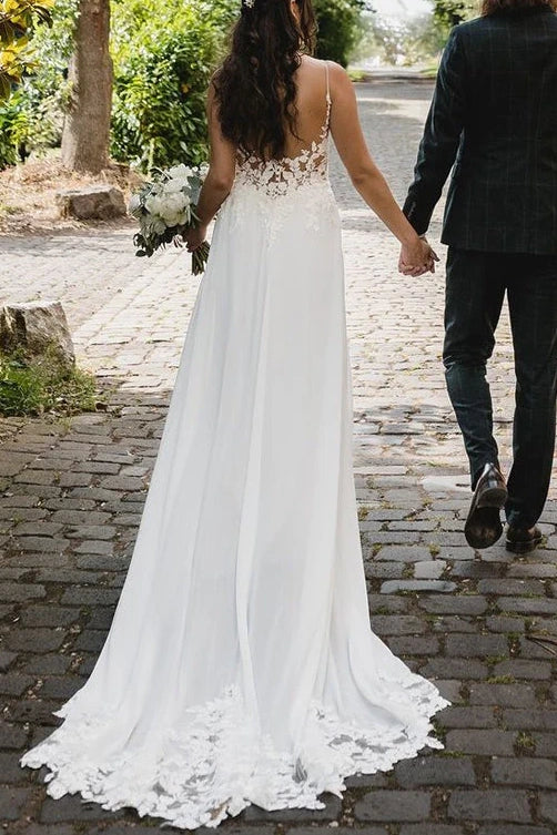 Spaghetti Straps V-Neck Empire Appliques A-Line Wedding Dress White / Custom Size Spaghetti Straps V-Neck Empire Appliques A-Line Wedding Dress White / Custom Size