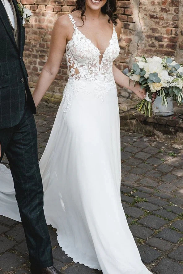 Spaghetti Straps V-Neck Empire Appliques A-Line Wedding Dress 