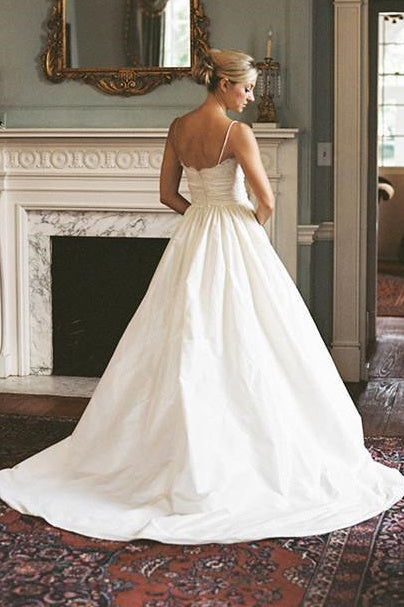 Spaghetti Straps V-Neck Empire Satin Wedding Dress With Plckets