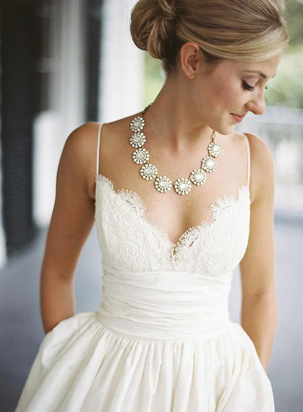 Spaghetti Straps V-Neck Empire Satin Wedding Dress With Plckets