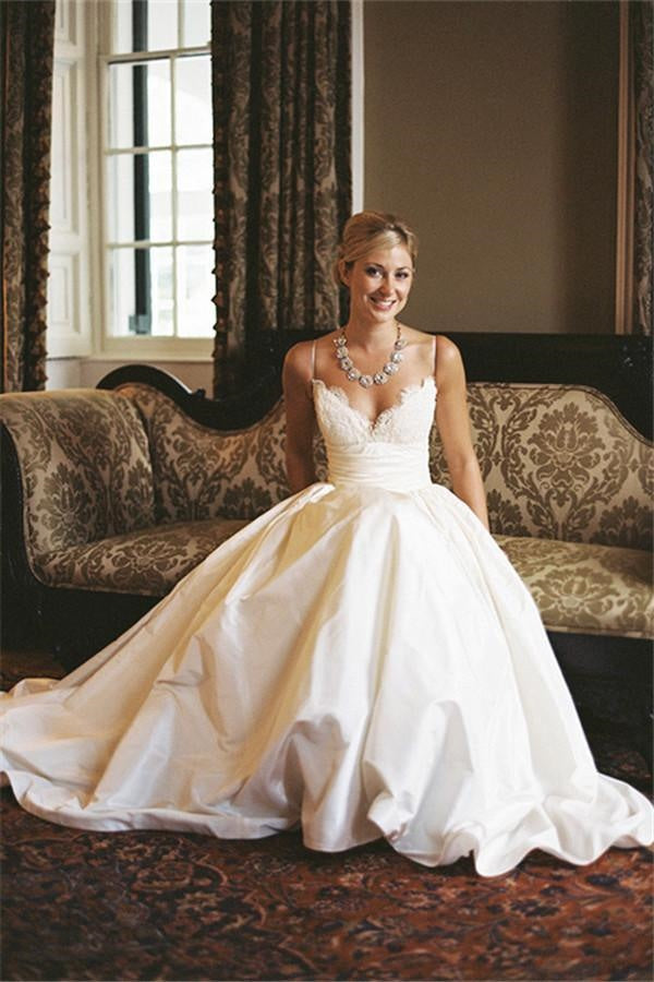 Spaghetti Straps V-Neck Empire Satin Wedding Dress With Plckets