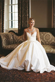 Spaghetti Straps V-Neck Empire Satin Wedding Dress With Plckets