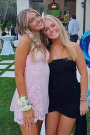 Spaghetti Straps V-Neck Fully Lace A-Line Party Homecoming Dress 