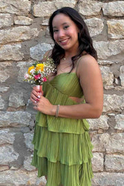 Spaghetti Straps V-Neck Pleated A-Line Tiered Party Homecoming Dress