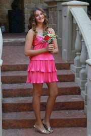 Spaghetti Straps V-Neck Pleated A-Line Tiered Party Homecoming Dress