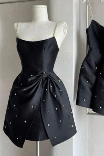 Spaghetti strap short dress rhinestone satin dress