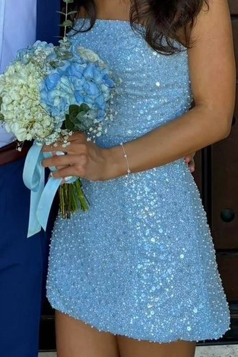 Sparkly A-Line Empire Strapless Blue Short Homecoming Dress
