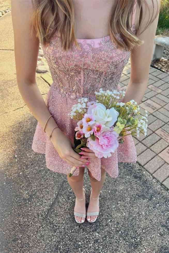 Sparkly A-Line Spaghetti Straps Sequin Lace Appliques Homecoming Dress