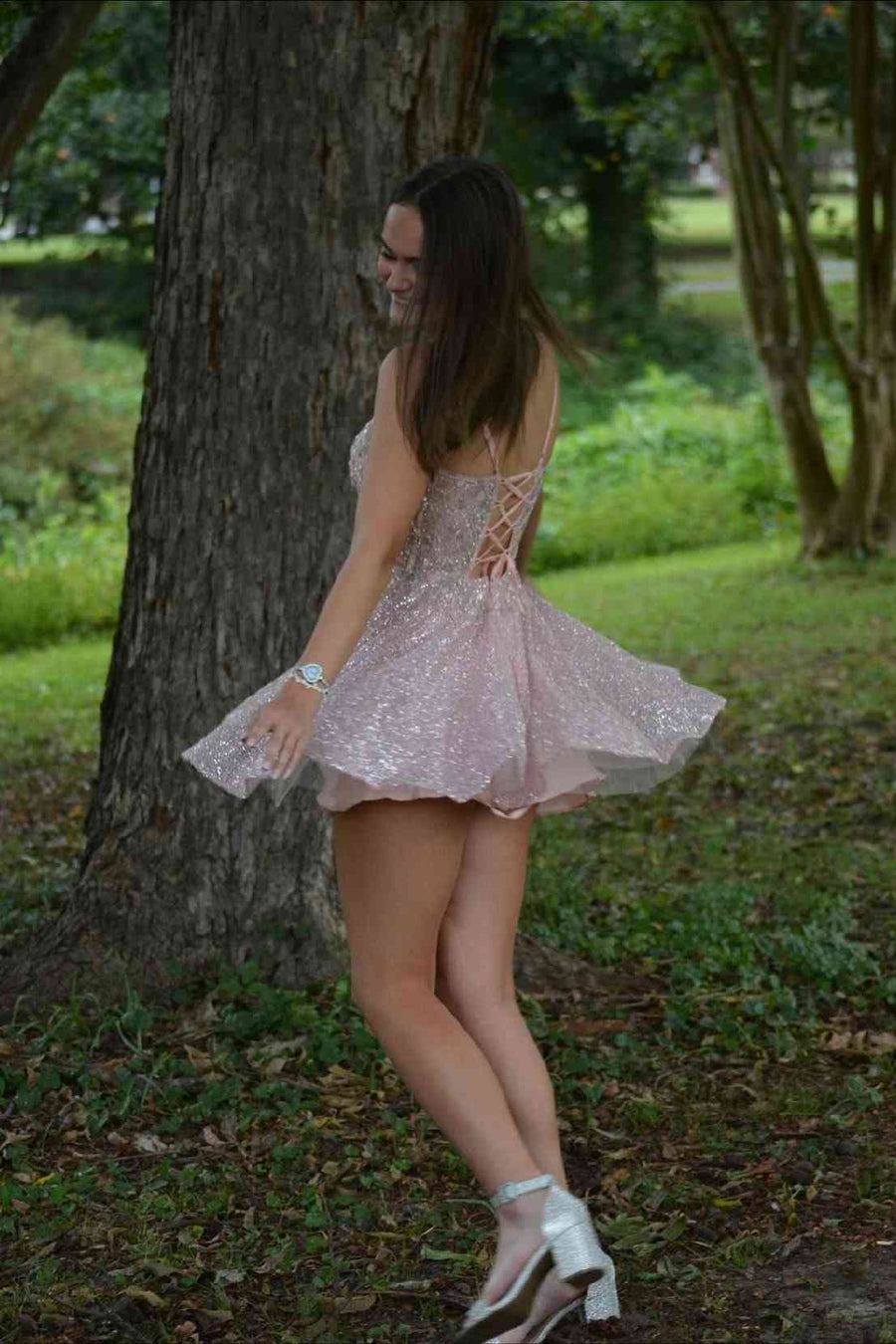 Sparkly A-Line Spaghetti Straps Sequin Lace Appliques Homecoming Dress