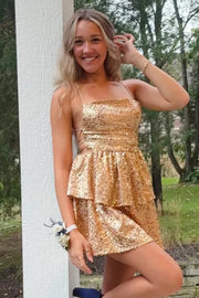 Sparkly A-Line Tiered Empire Lace-Up Sequin Party Homecoming Dress