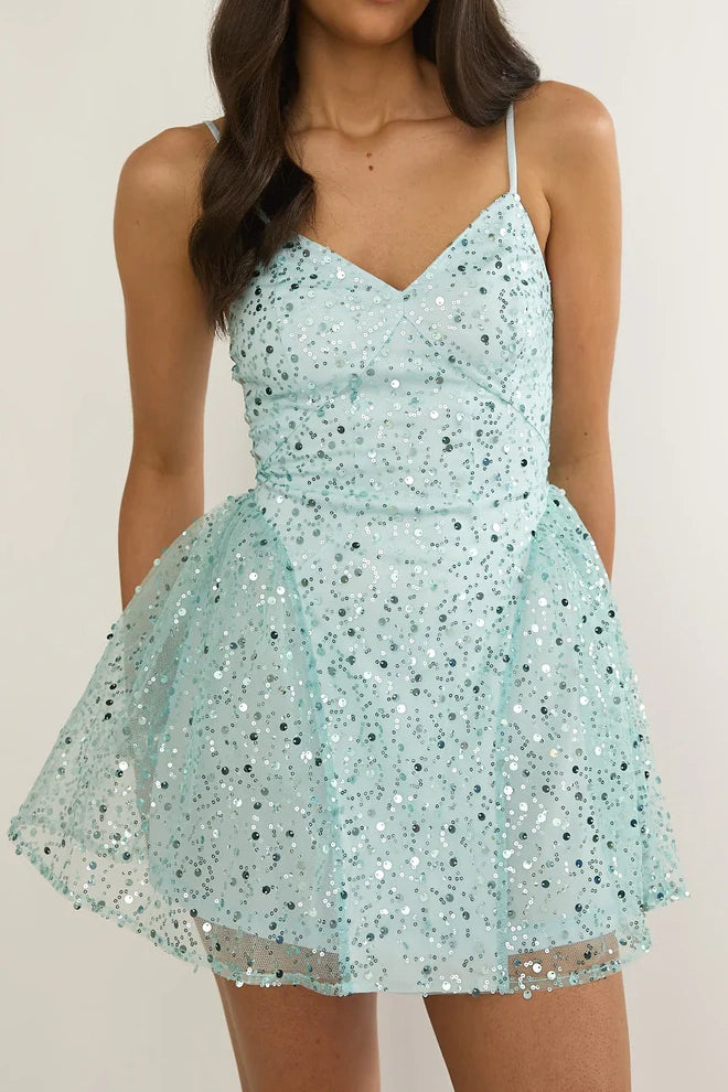 Sparkly A-Line V-Neck Spaghetti Straps Sequin Homecoming Graduation Dress
