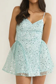 Sparkly A-Line V-Neck Spaghetti Straps Sequin Homecoming Graduation Dress