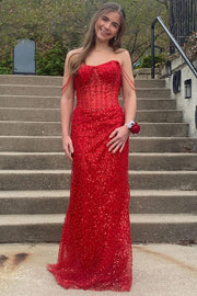 Sparkly Bateau Beaded Straps Mermaid Sequins Prom Dress 