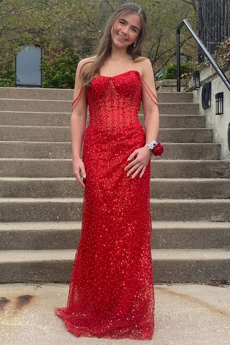 Sparkly Bateau Beaded Straps Mermaid Sequins Prom Dress 