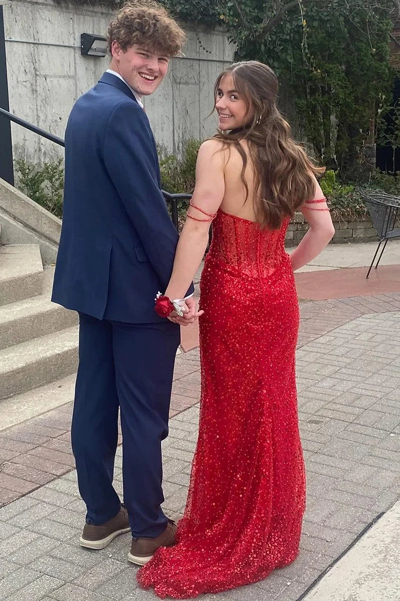 Sparkly Bateau Beaded Straps Mermaid Sequins Prom Dress 