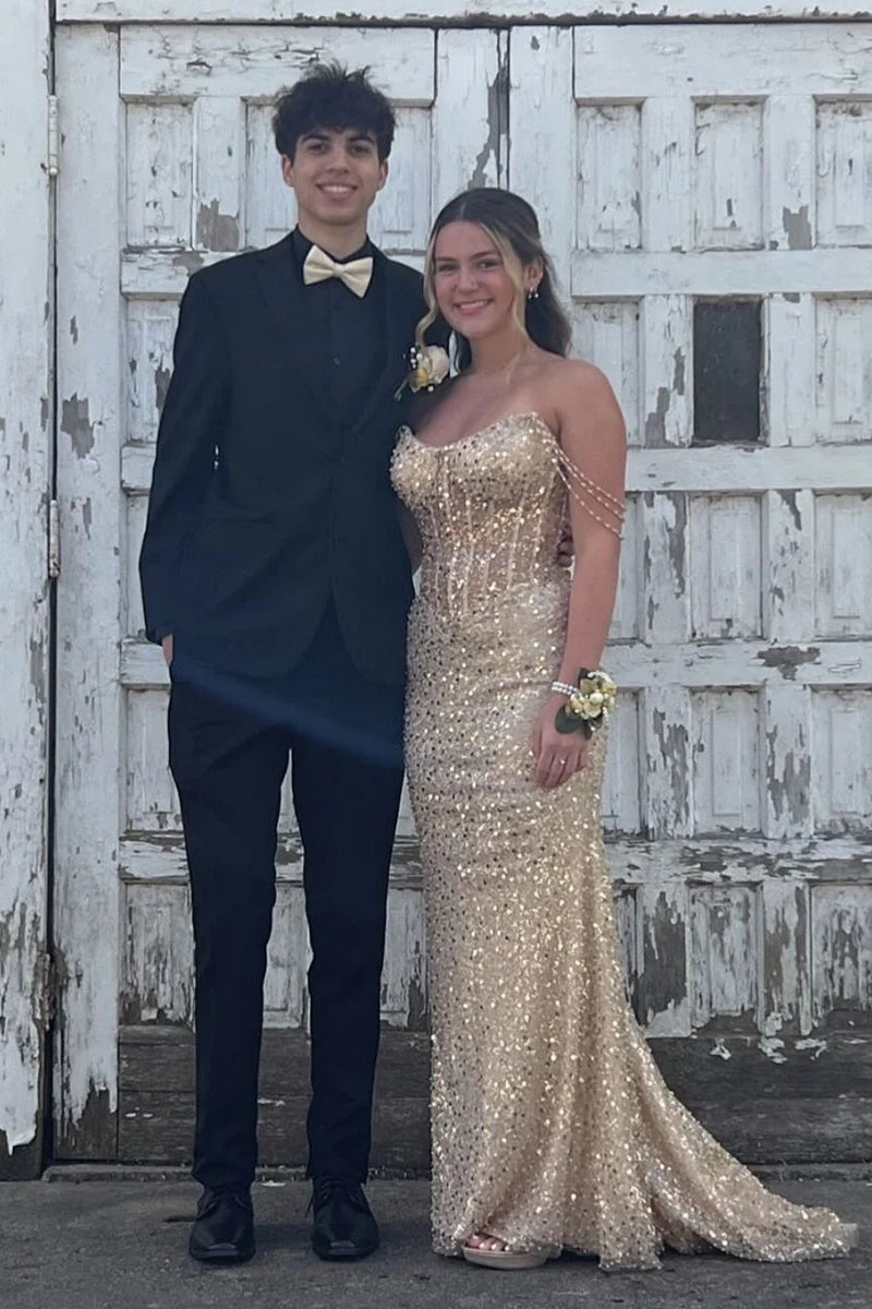 Sparkly Bateau Beaded Straps Mermaid Sequins Prom Dress 