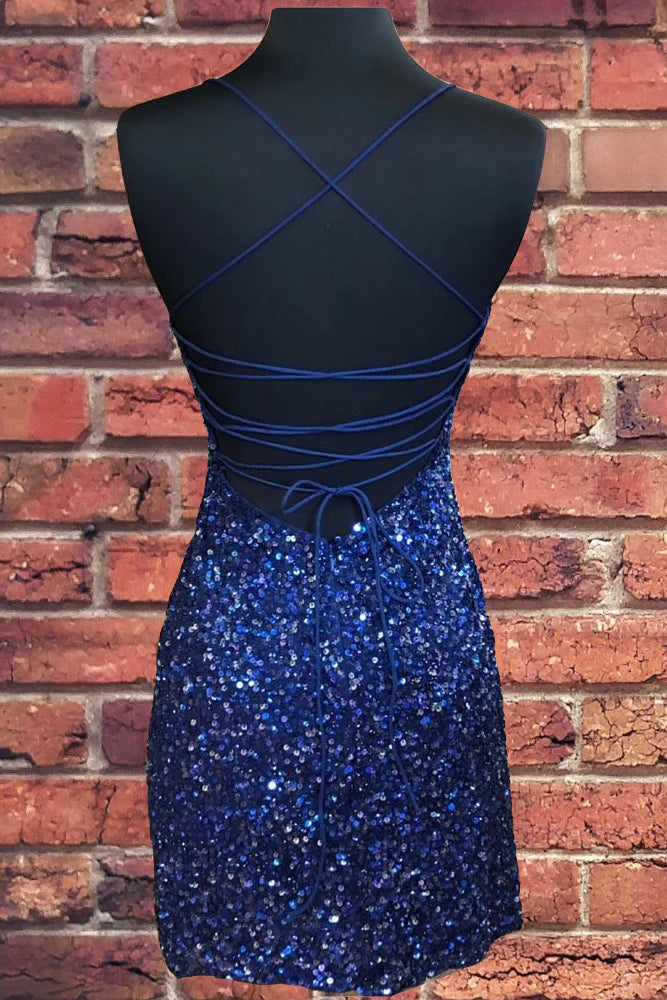 Sparkly Bateau Lace Up Sequins Fitted Homecoming Party Dress