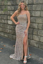 Sparkly Bateau Strapless Beaded And Sequin Party Prom Dress