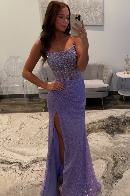 Sparkly Bateau Strapless Beaded Sequins Party Prom Dress With Slit