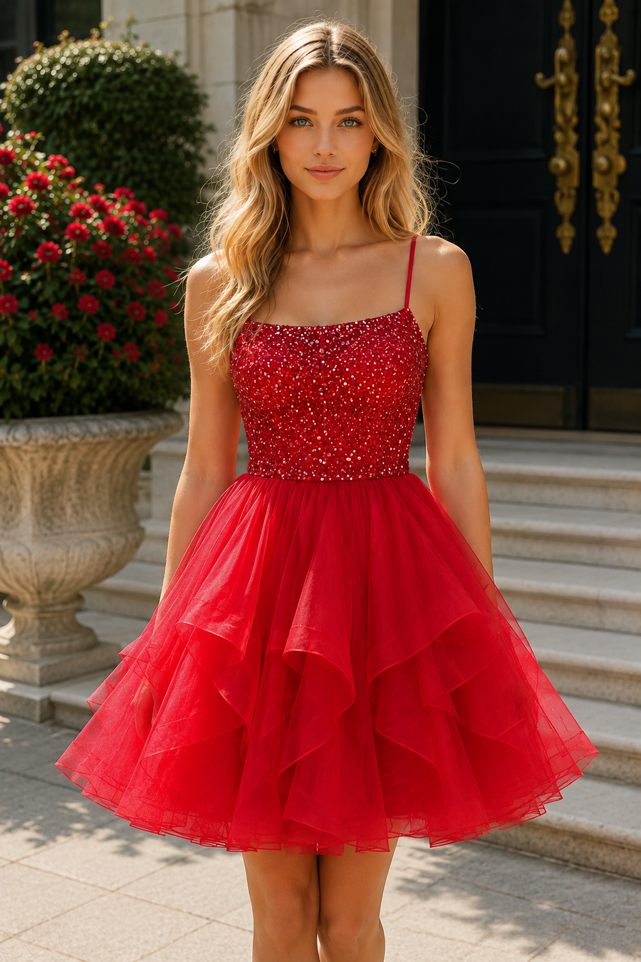 Sparkly Beaded Top Tiered Tulle A-Line Empire Mini Homecoming Dress 