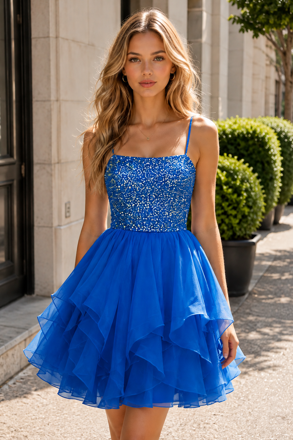 Sparkly Beaded Top Tiered Tulle A-Line Empire Mini Homecoming Dress