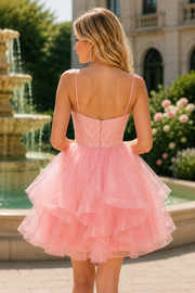Sparkly Beaded Top Tiered Tulle A-Line Empire Mini Homecoming Dress 