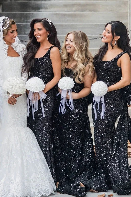 Sparkly Black Sequin Square Mermaid Bridesmaid Dress