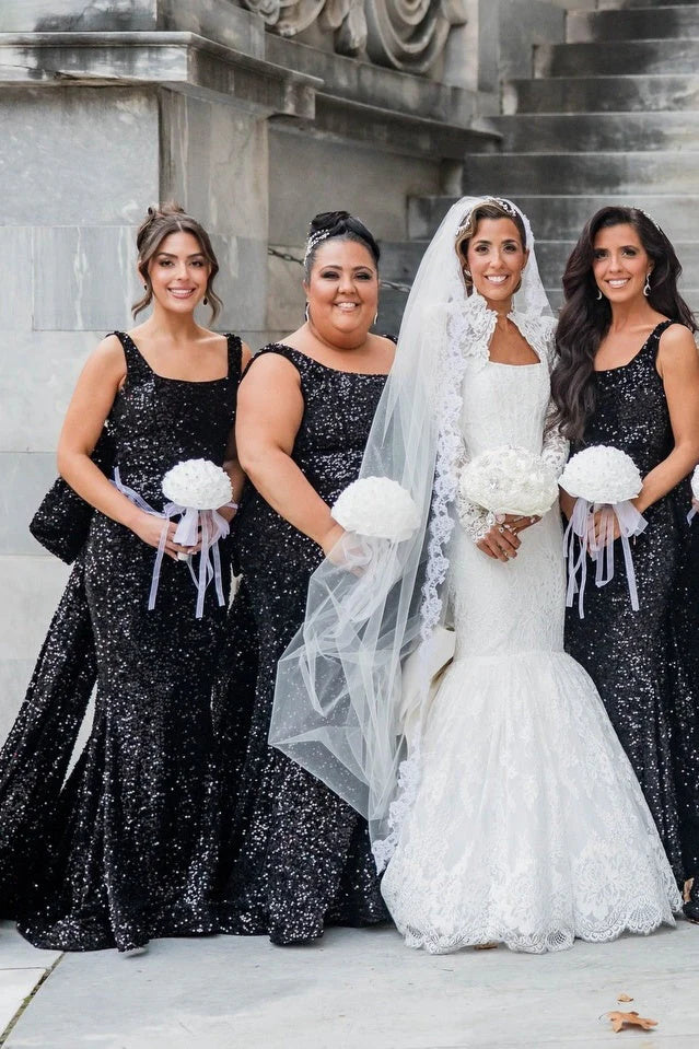 Sparkly Black Sequin Square Mermaid Bridesmaid Dress