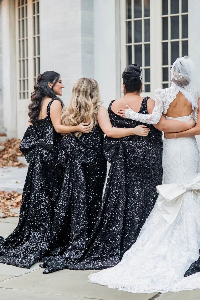 Sparkly Black Sequin Square Mermaid Bridesmaid Dress