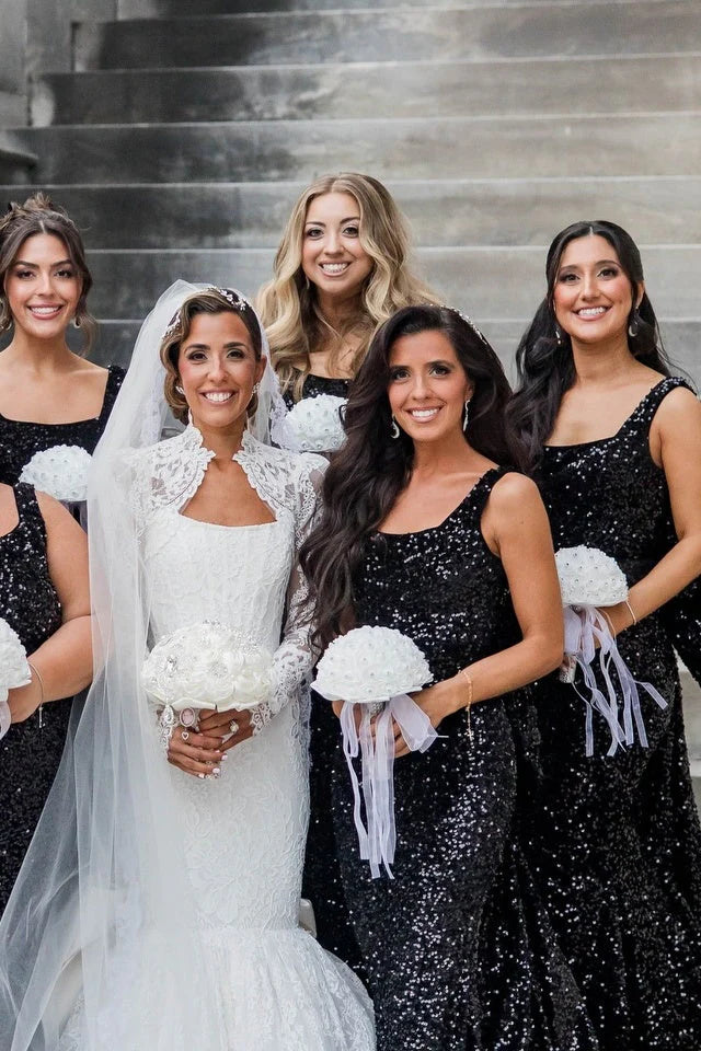 Sparkly Black Sequin Square Mermaid Bridesmaid Dress