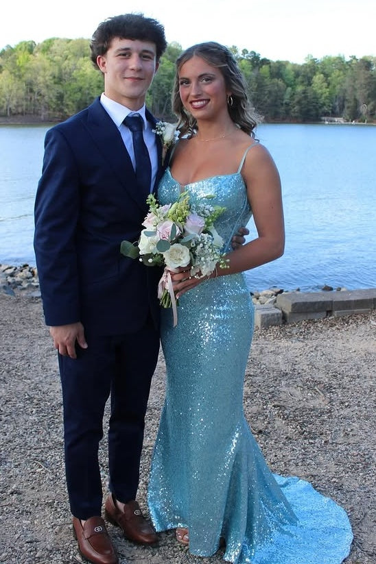 Sparkly Blue Mermaid Sleeveless Sheath Sequin Party Prom Dress
