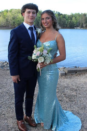 Sparkly Blue Mermaid Sleeveless Sheath Sequin Party Prom Dress