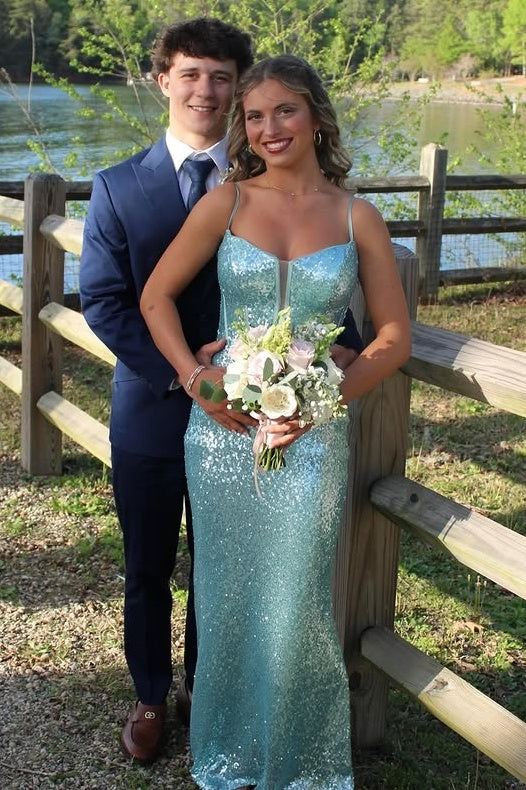 Sparkly Blue Mermaid Sleeveless Sheath Sequin Party Prom Dress