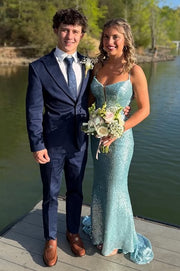 Sparkly Blue Mermaid Sleeveless Sheath Sequin Party Prom Dress