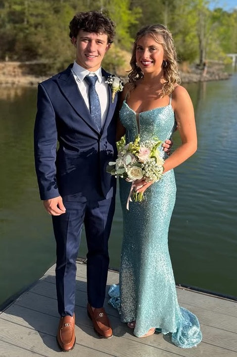 Sparkly Blue Mermaid Sleeveless Sheath Sequin Party Prom Dress