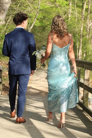 Sparkly Blue Mermaid Sleeveless Sheath Sequin Party Prom Dress