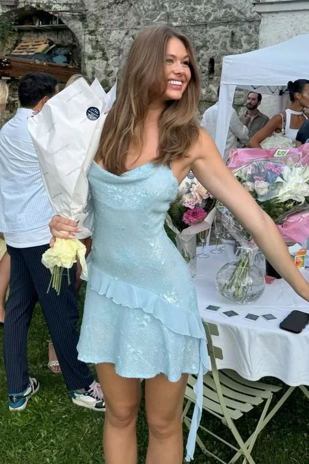 Sparkly Blue Sequins Sleeveless Ruffle Homecoming Dress