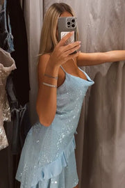 Sparkly Blue Sequins Sleeveless Ruffle Homecoming Dress