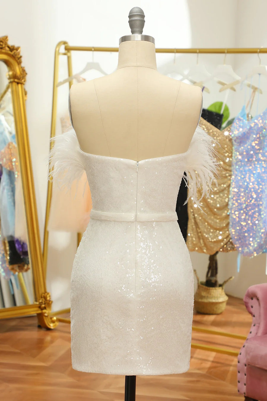 Sparkly Fitted Off-Shoulder Sequins Feathers Homecoming Dress Sparkly Fitted Off-Shoulder Sequins Feathers Homecoming Dress