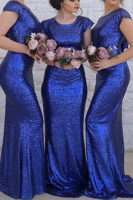 Sparkly Fitted Round Cap Sleeveless With Train Sequins Bridesmaid Dress