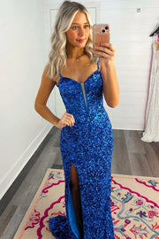 Sparkly Fitted V-Neck Sleeveless With Side Slit Prom Dress