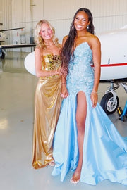 Sparkly Gold Beaded Top Mermaid Party Prom Dress With Train